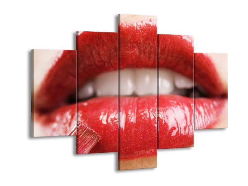 Canvas Schilderij Vrouw, Lippen | Rood, Crème | 150x105cm 5Luik