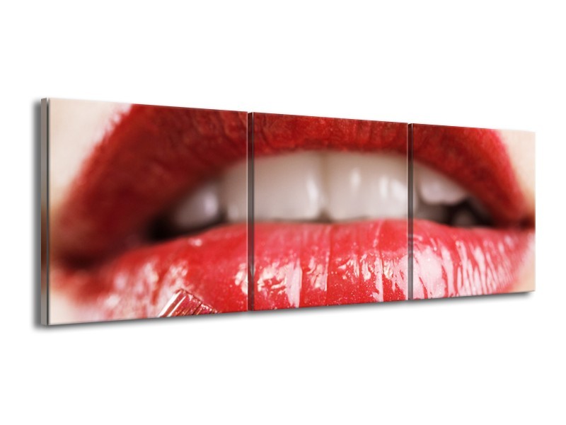 Canvas Schilderij Vrouw, Lippen | Rood, Crème | 150x50cm 3Luik