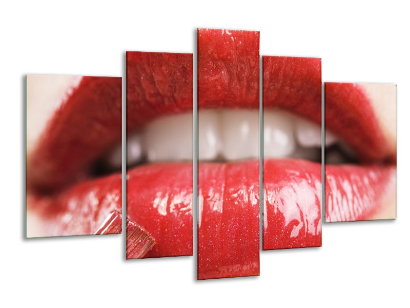 Canvas Schilderij Vrouw, Lippen | Rood, Crème | 170x100cm 5Luik