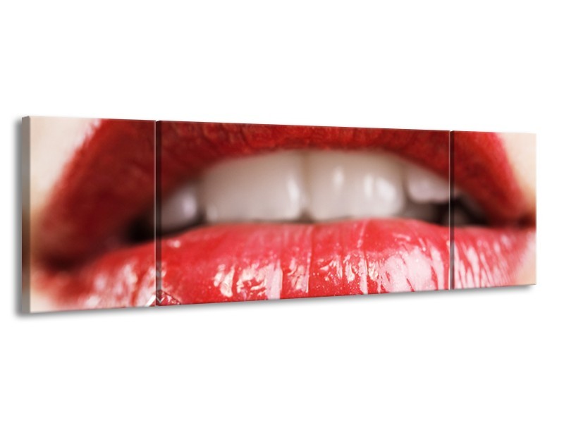 Canvas Schilderij Vrouw, Lippen | Rood, Crème | 170x50cm 3Luik