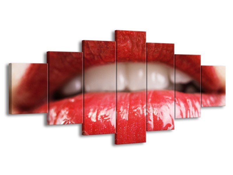 Canvas Schilderij Vrouw, Lippen | Rood, Crème | 210x100cm 7Luik