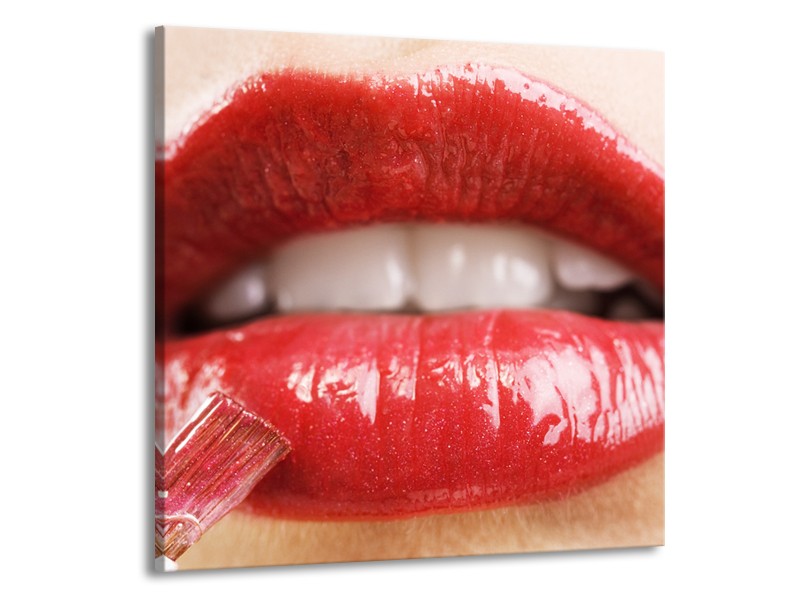 Glasschilderij Vrouw, Lippen | Rood, Crème | 50x50cm 1Luik