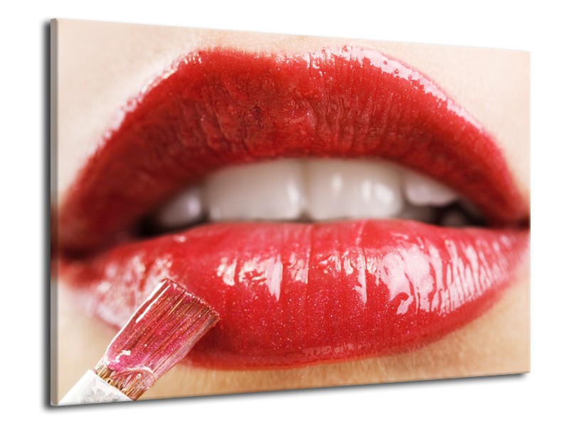 Canvas Schilderij Vrouw, Lippen | Rood, Crème | 70x50cm 1Luik