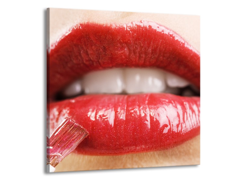 Glasschilderij Vrouw, Lippen | Rood, Crème | 70x70cm 1Luik