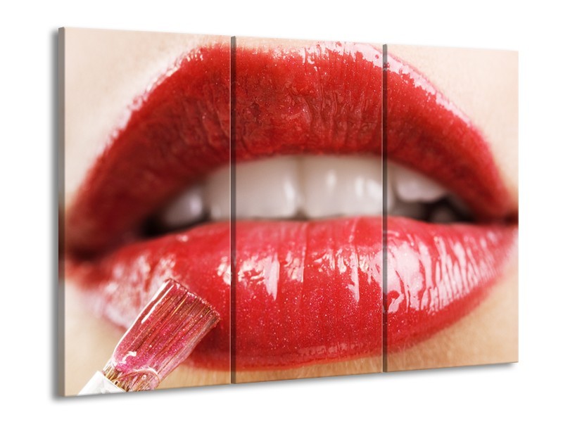 Canvas Schilderij Vrouw, Lippen | Rood, Crème | 60x90cm 3Luik