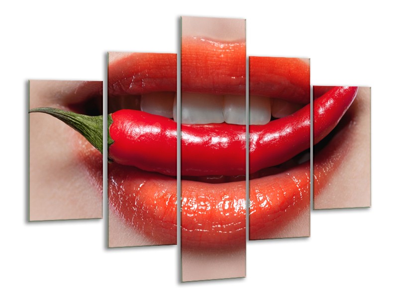 Canvas Schilderij Vrouw, Lippen | Rood, Crème | 100x70cm 5Luik