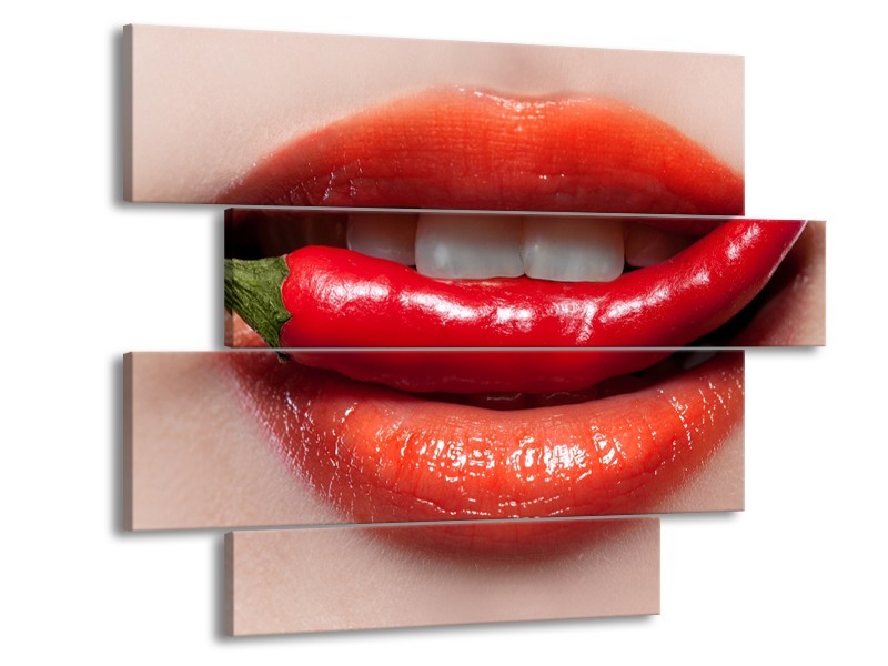 Glasschilderij Vrouw, Lippen | Rood, Crème | 115x85cm 4Luik