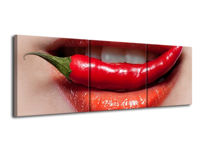 Canvas Schilderij Vrouw, Lippen | Rood, Crème | 120x40cm 3Luik