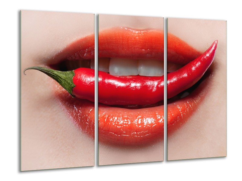 Canvas Schilderij Vrouw, Lippen | Rood, Crème | 120x80cm 3Luik
