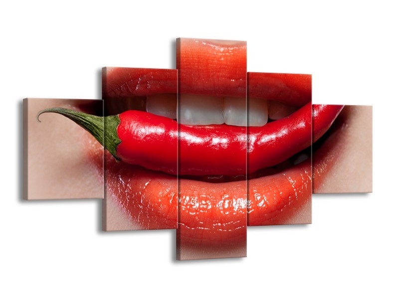 Canvas Schilderij Vrouw, Lippen | Rood, Crème | 125x70cm 5Luik
