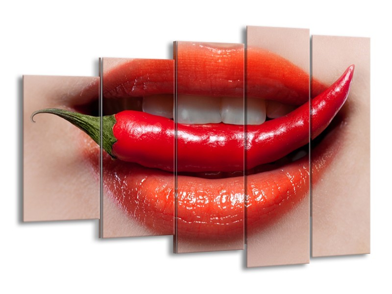 Glasschilderij Vrouw, Lippen | Rood, Crème | 150x100cm 5Luik