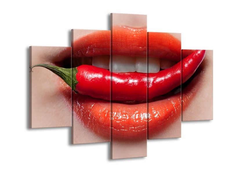 Canvas Schilderij Vrouw, Lippen | Rood, Crème | 150x105cm 5Luik