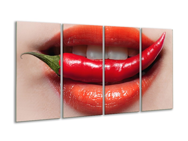 Canvas Schilderij Vrouw, Lippen | Rood, Crème | 160x80cm 4Luik