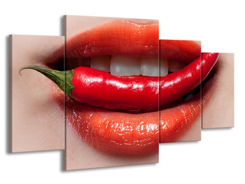 Glasschilderij Vrouw, Lippen | Rood, Crème | 160x90cm 4Luik