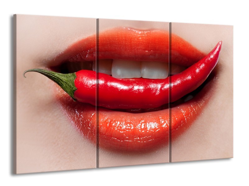 Canvas Schilderij Vrouw, Lippen | Rood, Crème | 165x100cm 3Luik