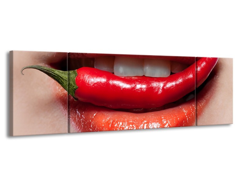 Canvas Schilderij Vrouw, Lippen | Rood, Crème | 170x50cm 3Luik