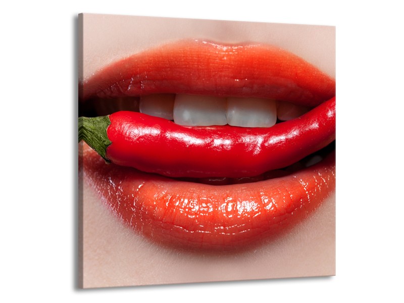 Glasschilderij Vrouw, Lippen | Rood, Crème | 70x70cm 1Luik