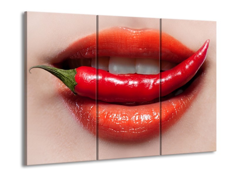 Glasschilderij Vrouw, Lippen | Rood, Crème | 60x90cm 3Luik