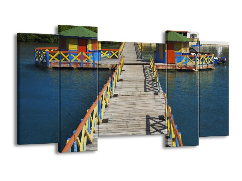 Glasschilderij Brug, Water | Blauw, Grijs, Geel | 120x65cm 5Luik