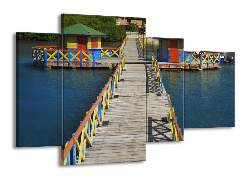 Glasschilderij Brug, Water | Blauw, Grijs, Geel | 120x75cm 4Luik