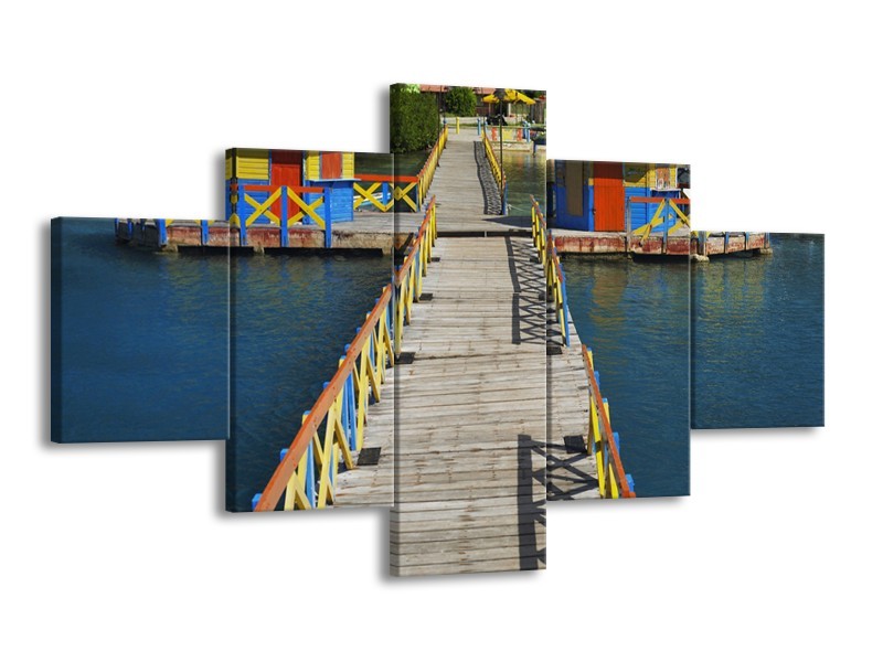 Glasschilderij Brug, Water | Blauw, Grijs, Geel | 125x70cm 5Luik