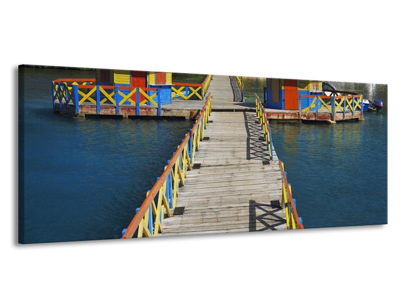 Canvas Schilderij Brug, Water | Blauw, Grijs, Geel | 145x58cm 1Luik