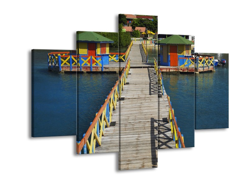 Glasschilderij Brug, Water | Blauw, Grijs, Geel | 150x105cm 5Luik