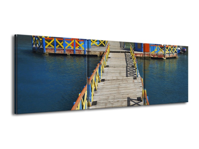 Canvas Schilderij Brug, Water | Blauw, Grijs, Geel | 150x50cm 3Luik