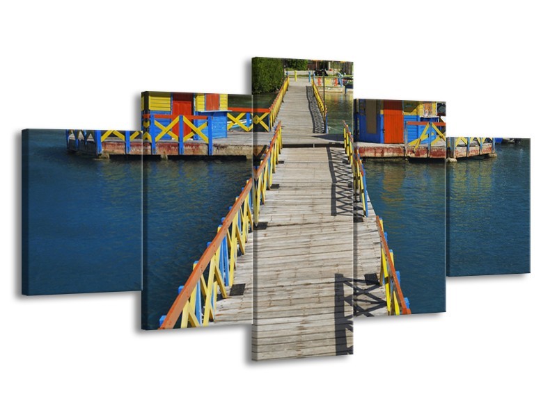 Canvas Schilderij Brug, Water | Blauw, Grijs, Geel | 150x80cm 5Luik