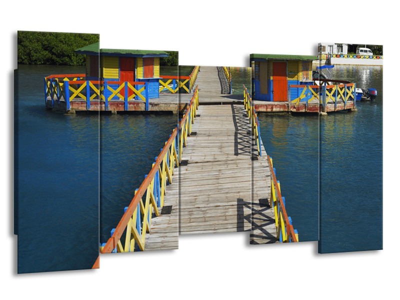 Glasschilderij Brug, Water | Blauw, Grijs, Geel | 150x80cm 5Luik