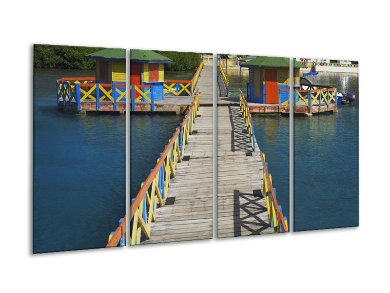 Glasschilderij Brug, Water | Blauw, Grijs, Geel | 160x80cm 4Luik