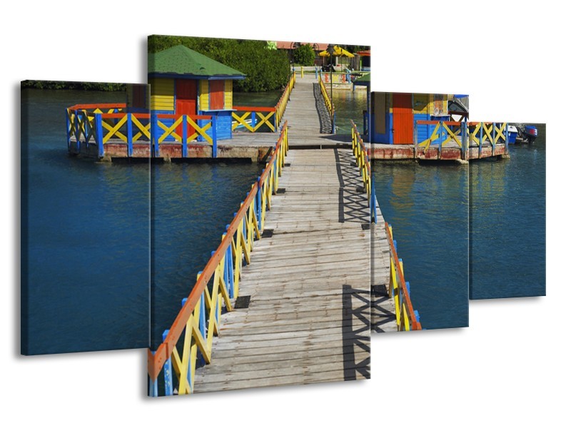 Glasschilderij Brug, Water | Blauw, Grijs, Geel | 160x90cm 4Luik