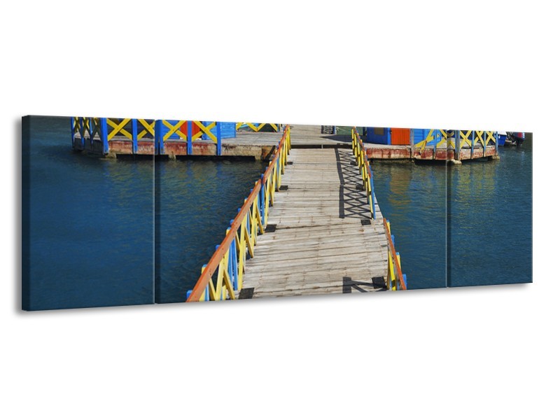 Canvas Schilderij Brug, Water | Blauw, Grijs, Geel | 170x50cm 3Luik