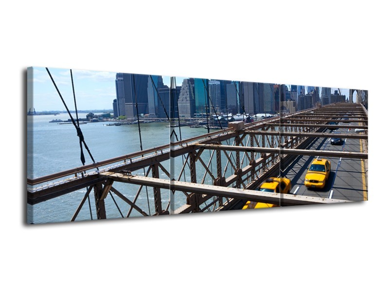 Canvas Schilderij Brug, New York | Grijs, Blauw, Geel | 120x40cm 3Luik