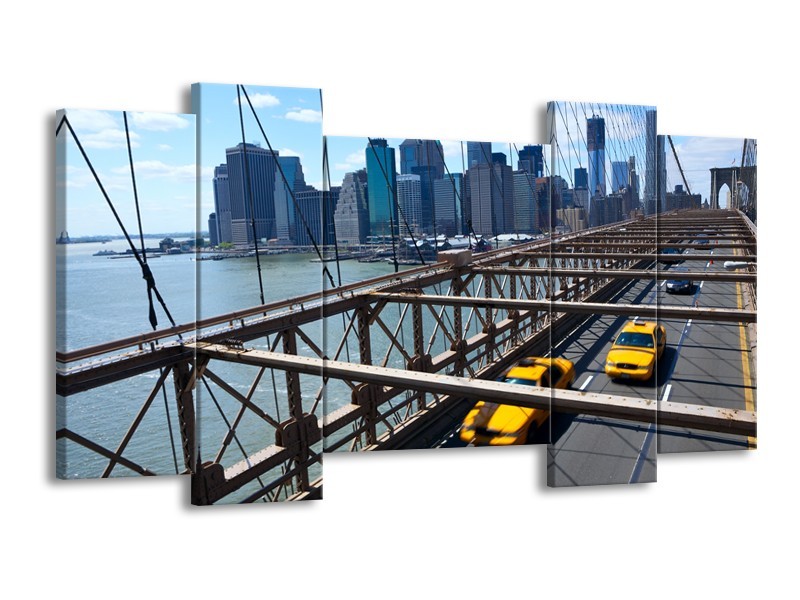 Canvas Schilderij Brug, New York | Grijs, Blauw, Geel | 120x65cm 5Luik