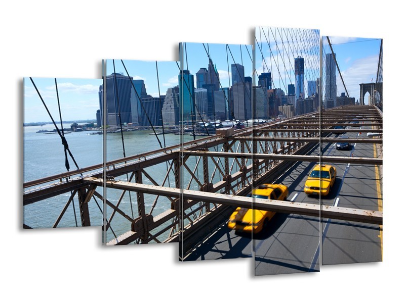 Canvas Schilderij Brug, New York | Grijs, Blauw, Geel | 150x100cm 5Luik