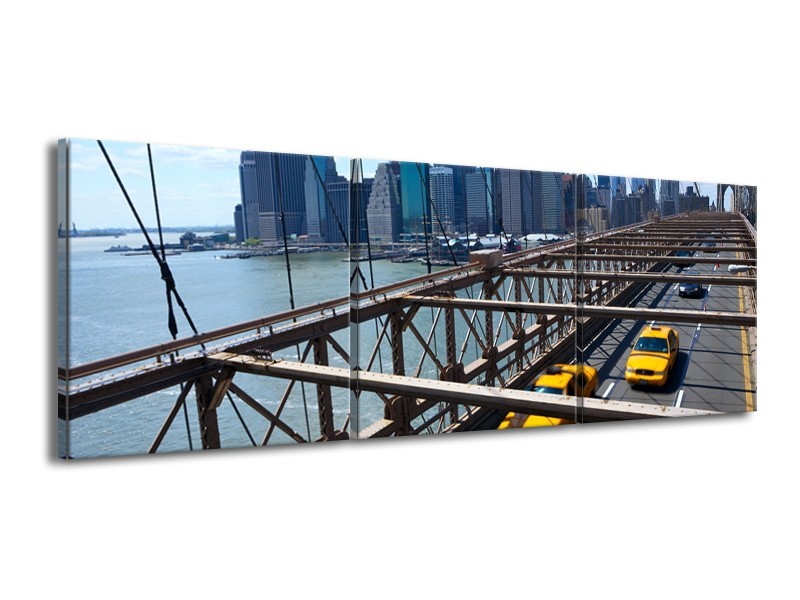 Canvas Schilderij Brug, New York | Grijs, Blauw, Geel | 150x50cm 3Luik