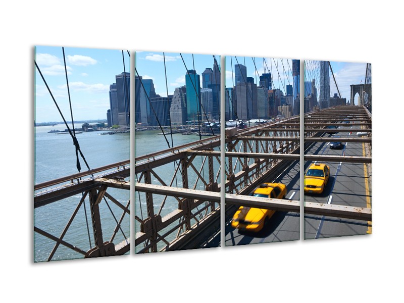 Canvas Schilderij Brug, New York | Grijs, Blauw, Geel | 160x80cm 4Luik