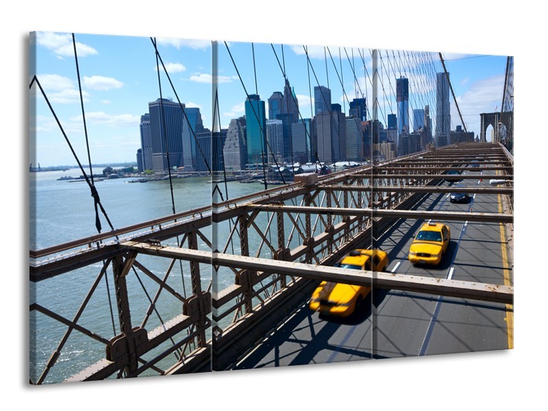 Canvas Schilderij Brug, New York | Grijs, Blauw, Geel | 165x100cm 3Luik