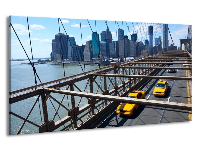 Canvas Schilderij Brug, New York | Grijs, Blauw, Geel | 190x100cm 1Luik