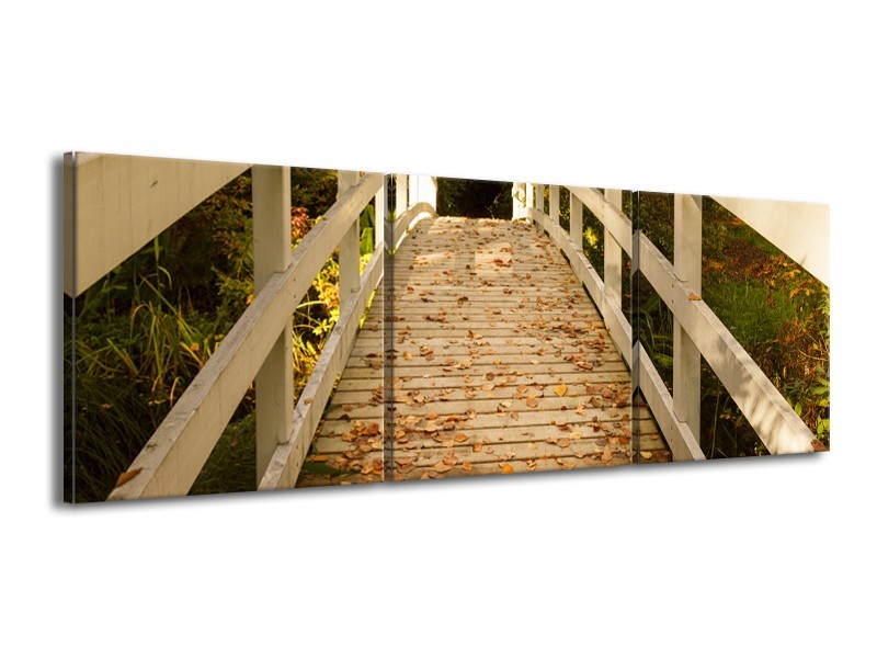 Canvas Schilderij Brug, Natuur | Bruin, Oranje, Crème | 150x50cm 3Luik