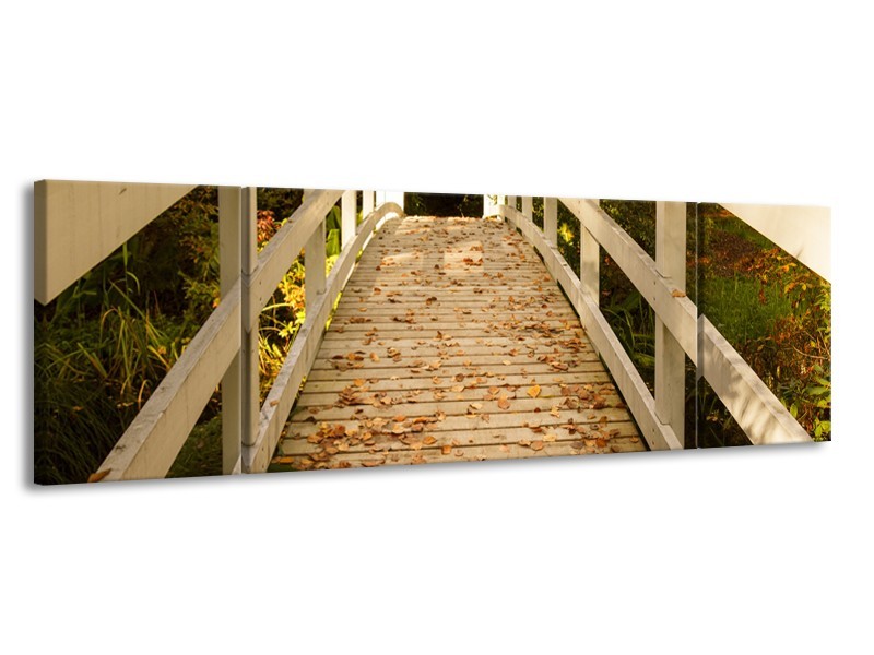 Canvas Schilderij Brug, Natuur | Bruin, Oranje, Crème | 170x50cm 3Luik