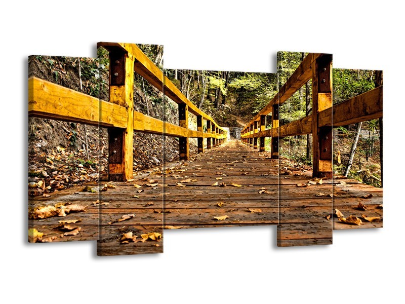 Canvas Schilderij Brug, Natuur | Bruin, Geel, Groen | 120x65cm 5Luik