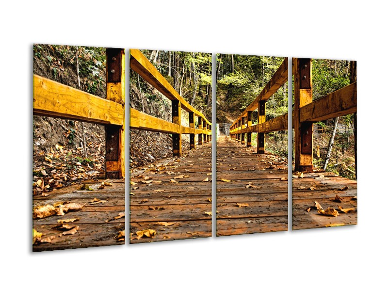 Canvas Schilderij Brug, Natuur | Bruin, Geel, Groen | 160x80cm 4Luik