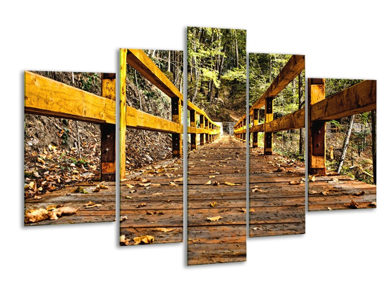 Canvas Schilderij Brug, Natuur | Bruin, Geel, Groen | 170x100cm 5Luik