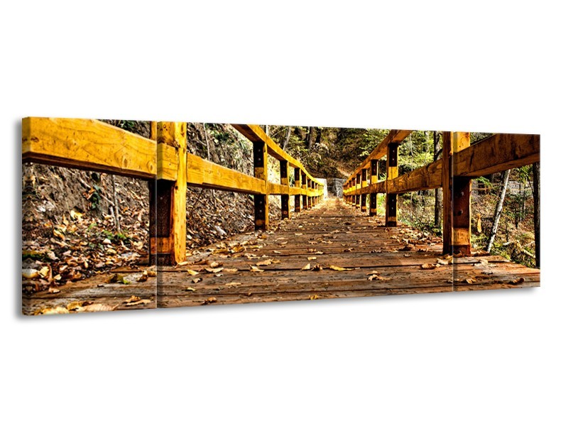 Canvas Schilderij Brug, Natuur | Bruin, Geel, Groen | 170x50cm 3Luik