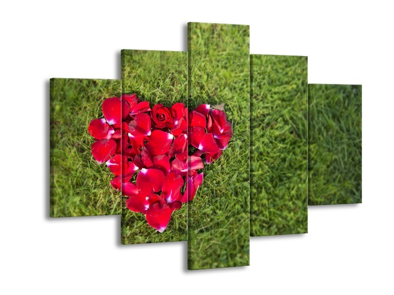 Canvas Schilderij Bloem, Gras | Rood, Groen, Roze | 150x105cm 5Luik