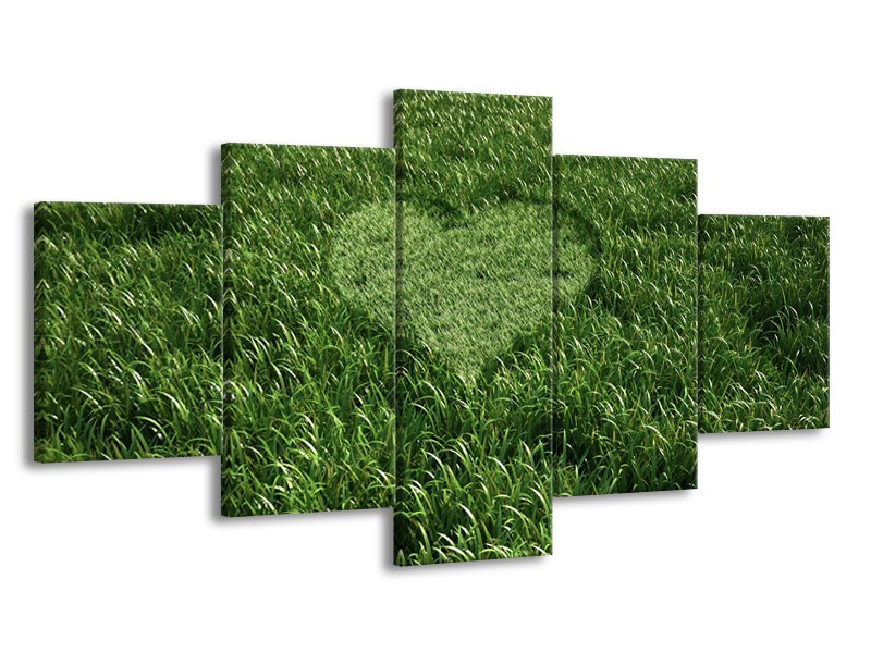 Canvas Schilderij Gras, Hart | Groen | 150x80cm 5Luik