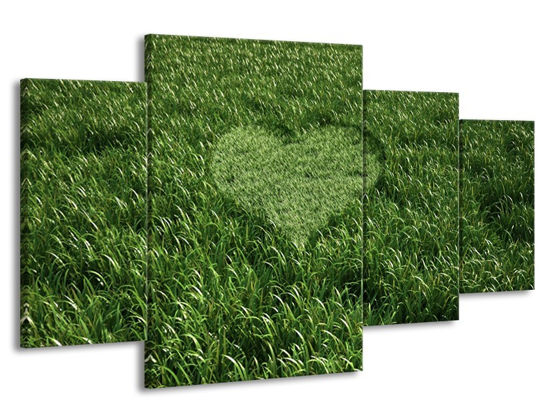 Canvas Schilderij Gras, Hart | Groen | 160x90cm 4Luik