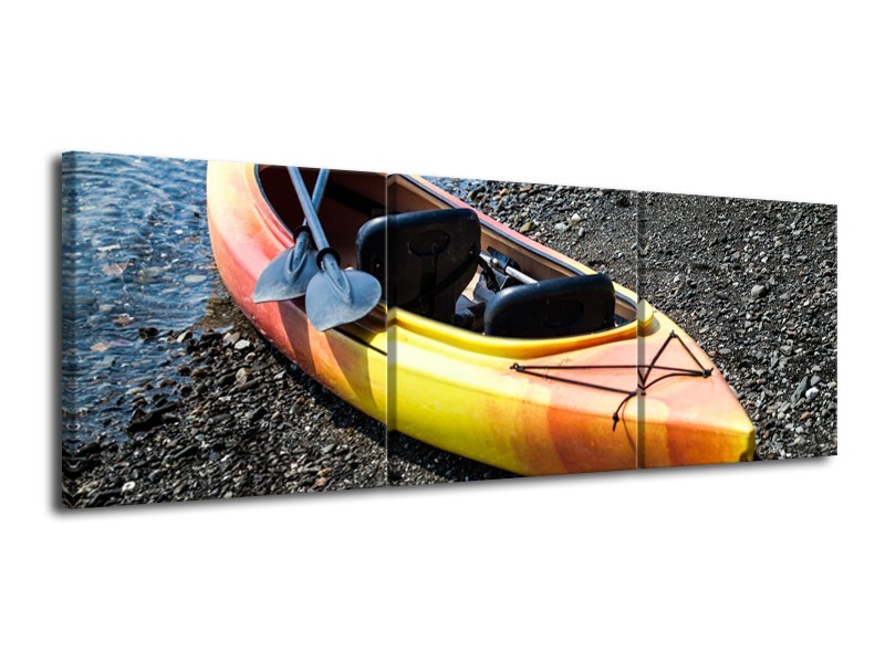 Glasschilderij Kayak, Sport | Geel, Oranje, Grijs | 120x40cm 3Luik